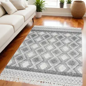 Photo of Gray and Ivory Geometric Flatweave Handmade Area Rug With Fringe