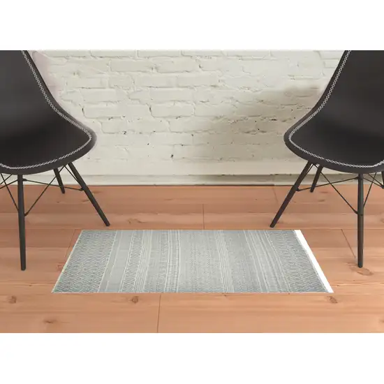 Gray and Ivory Geometric Flatweave Handmade Distressed Area Rug with Fringe Photo 2