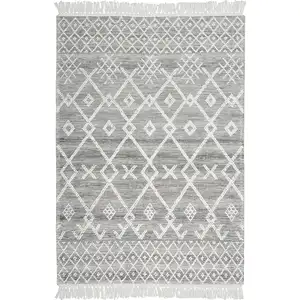 Photo of Gray and Ivory Geometric Hand Woven Area Rug With Fringe