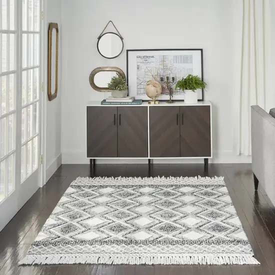 Gray and Ivory Geometric Hand Woven Area Rug With Fringe Photo 8