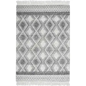 Photo of Gray and Ivory Geometric Hand Woven Area Rug With Fringe