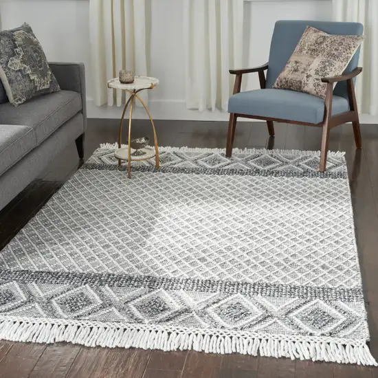 Gray and Ivory Geometric Hand Woven Area Rug With Fringe Photo 7