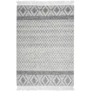 Photo of Gray and Ivory Geometric Hand Woven Area Rug With Fringe