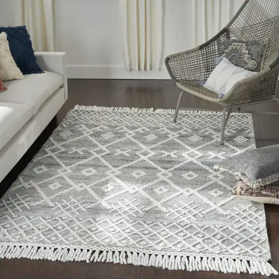 Gray and Ivory Geometric Hand Woven Area Rug With Fringe Photo 4