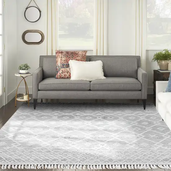 Gray and Ivory Geometric Hand Woven Area Rug With Fringe Photo 5