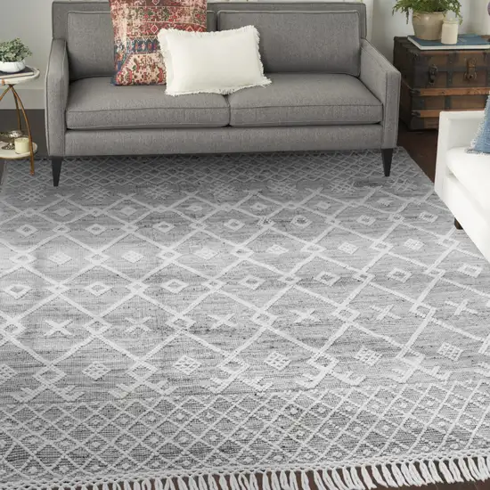 Gray and Ivory Geometric Hand Woven Area Rug With Fringe Photo 4