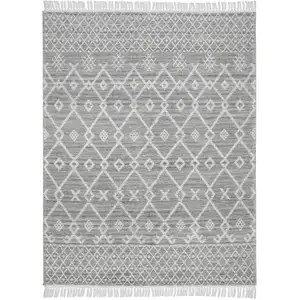 Photo of Gray and Ivory Geometric Hand Woven Area Rug With Fringe