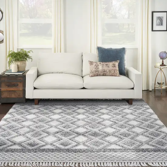 Gray and Ivory Geometric Hand Woven Area Rug With Fringe Photo 8