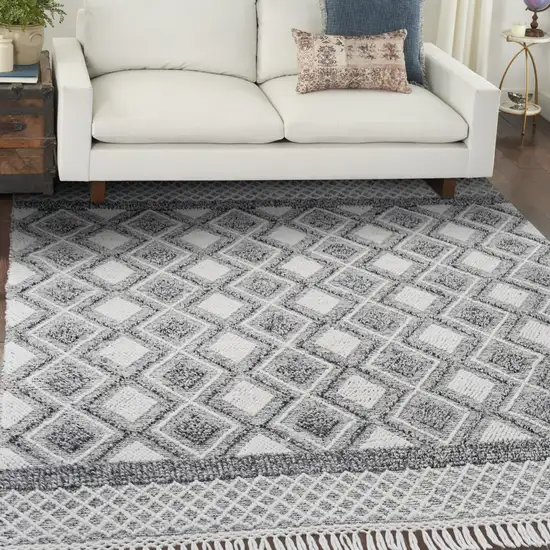 Gray and Ivory Geometric Hand Woven Area Rug With Fringe Photo 7