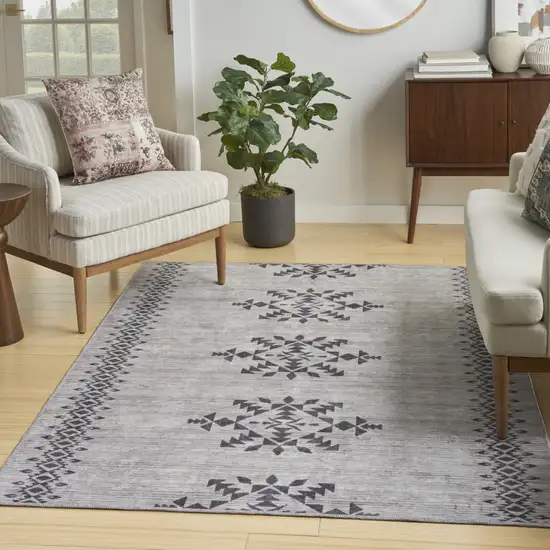 Gray and Ivory Geometric Power Loom Washable Area Rug Photo 4