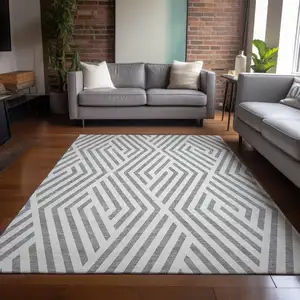 Photo of Gray and Ivory Geometric Washable Non Skid Indoor Outdoor Area Rug