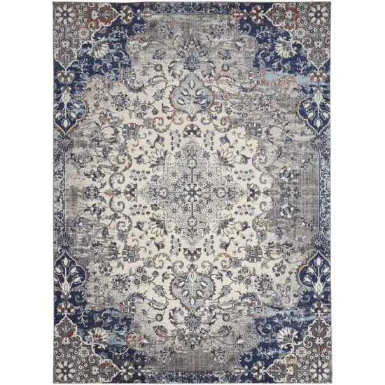 Gray and Ivory Medallion Power Loom Distressed Area Rug Photo 4