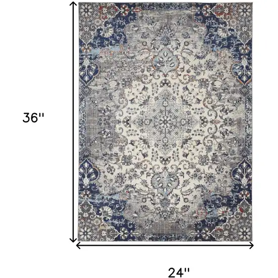 Gray and Ivory Medallion Power Loom Distressed Area Rug Photo 3