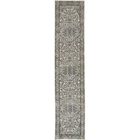 Gray and Ivory Medallion Power Loom Distressed Runner Rug Photo 2