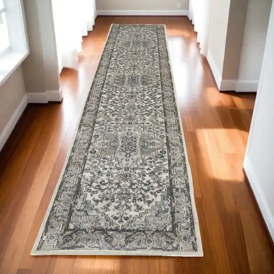 Gray and Ivory Medallion Power Loom Distressed Runner Rug Photo 1