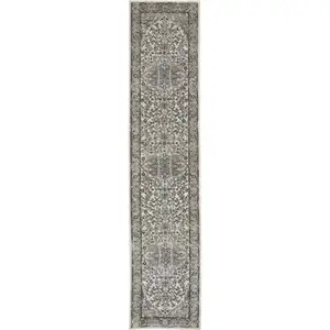 Photo of Gray and Ivory Medallion Power Loom Distressed Runner Rug