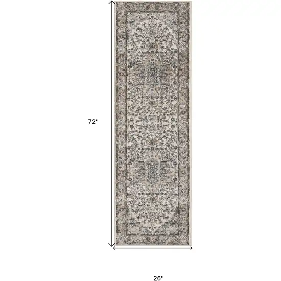 Gray and Ivory Medallion Power Loom Distressed Runner Rug Photo 3