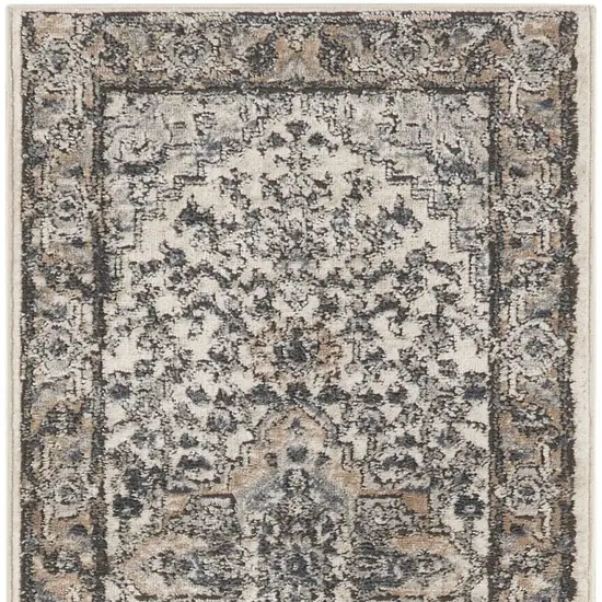 Gray and Ivory Medallion Power Loom Distressed Runner Rug Photo 4