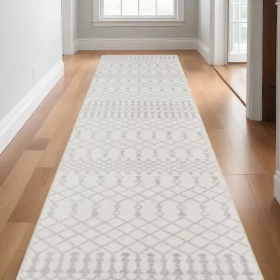 Gray and Ivory Moroccan Power Loom Washable Runner Rug Photo 1