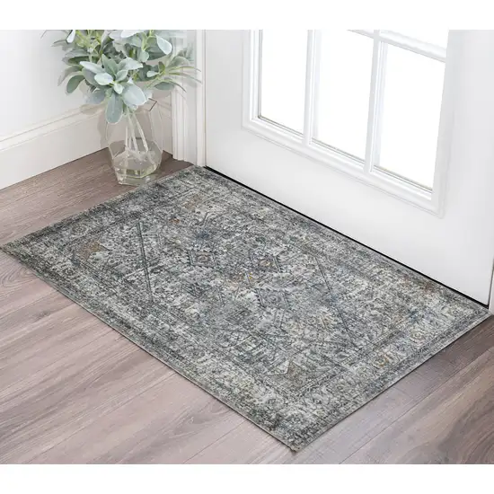 Ivory Navy and Orange Oriental Power Loom Area Rug Photo 1