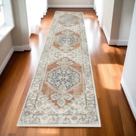 Gray and Ivory Oriental Power Loom Distressed Washable Runner Rug Photo 2