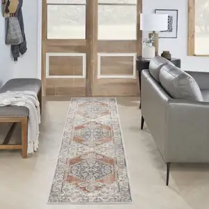 Photo of Gray and Ivory Oriental Power Loom Distressed Washable Runner Rug