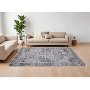 Photo of Gray and Ivory Oriental Power Loom Worn Faded Washable Area Rug