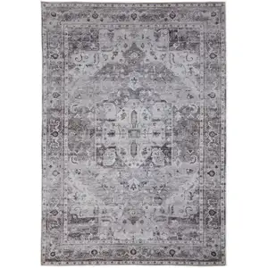 Photo of Gray and Ivory Oriental Power Loom Worn Faded Washable Area Rug