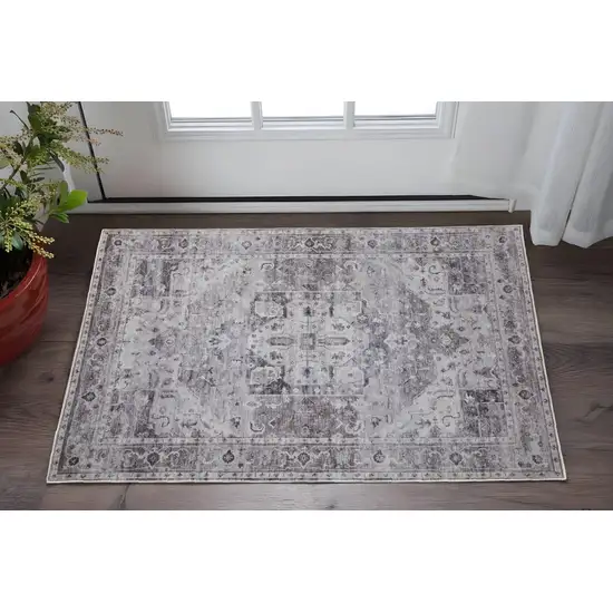 Gray and Ivory Oriental Power Loom Worn Faded Washable Area Rug Photo 1