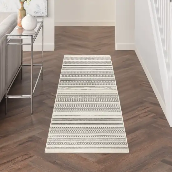 Gray and Ivory Striped Power Loom Distressed Runner Rug Photo 5