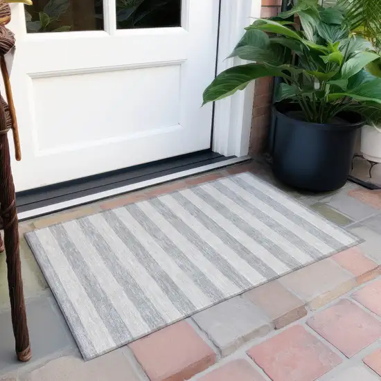 Gray and Ivory Striped Washable Non Skid Indoor Outdoor Area Rug Photo 8