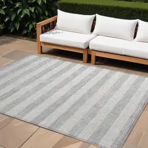 Photo of Gray and Ivory Striped Washable Non Skid Indoor Outdoor Area Rug