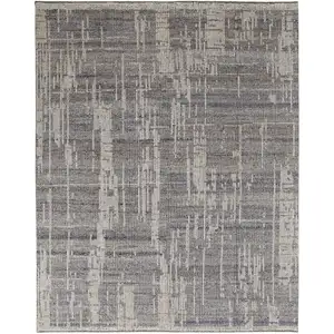 Photo of Gray and Ivory Wool Abstract Hand Knotted Worn Faded Area Rug