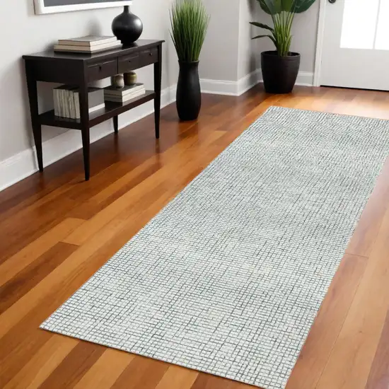 Gray and Ivory Wool Checkered Hand Hooked Runner Rug Photo 1