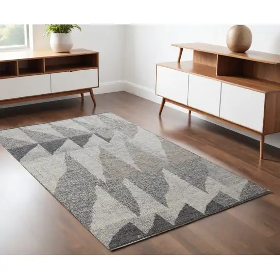 Gray and Ivory Wool Geometric Hand Knotted Area Rug Photo 2