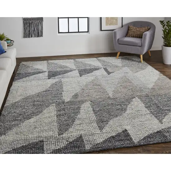 Gray and Ivory Wool Geometric Hand Knotted Area Rug Photo 8