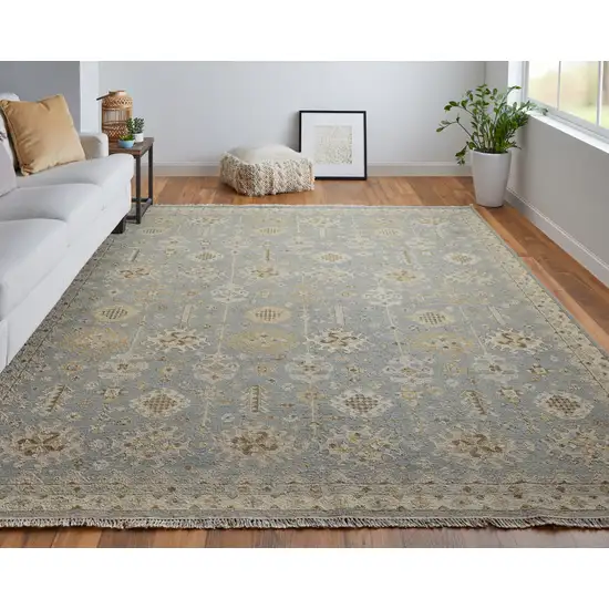 Gray and Ivory Wool Oriental Hand Knotted Area Rug With Fringe Photo 9