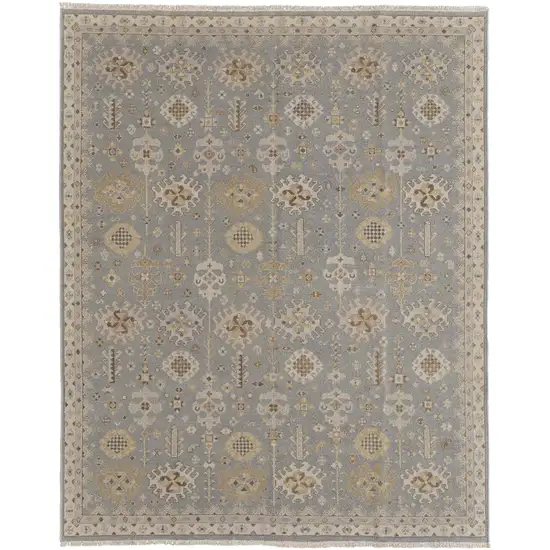 Gray and Ivory Wool Oriental Hand Knotted Area Rug With Fringe Photo 4