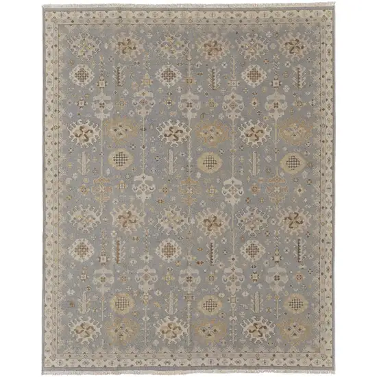 Gray and Ivory Wool Oriental Hand Knotted Area Rug With Fringe Photo 5