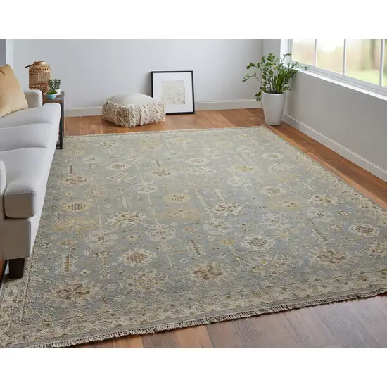 Gray and Ivory Wool Oriental Hand Knotted Area Rug With Fringe Photo 8