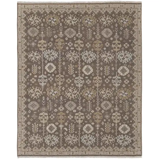 Gray and Ivory Wool Oriental Hand Knotted Area Rug With Fringe Photo 6