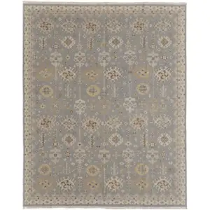 Photo of Gray and Ivory Wool Oriental Hand Knotted Area Rug With Fringe