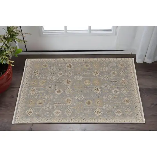 Gray and Ivory Wool Oriental Hand Knotted Area Rug With Fringe Photo 1