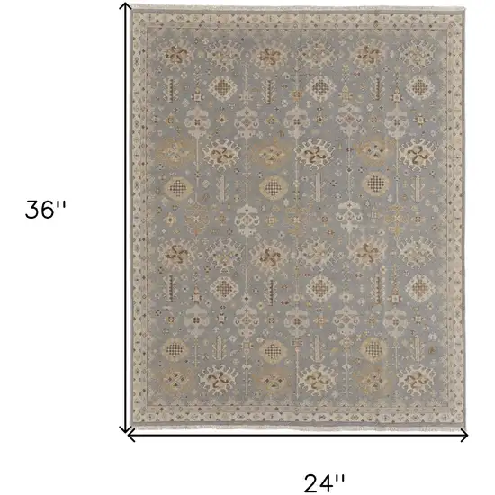 Gray and Ivory Wool Oriental Hand Knotted Area Rug With Fringe Photo 3