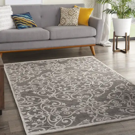 Gray and Light Gray Damask Distressed Area Rug Photo 8