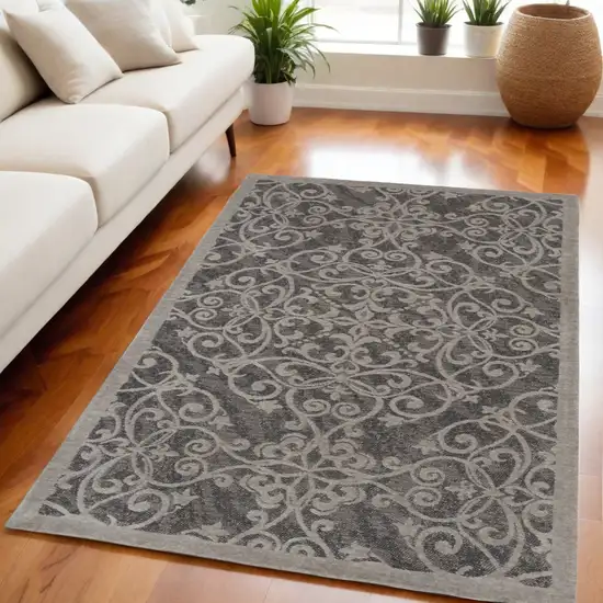 Gray and Light Gray Damask Distressed Area Rug Photo 1