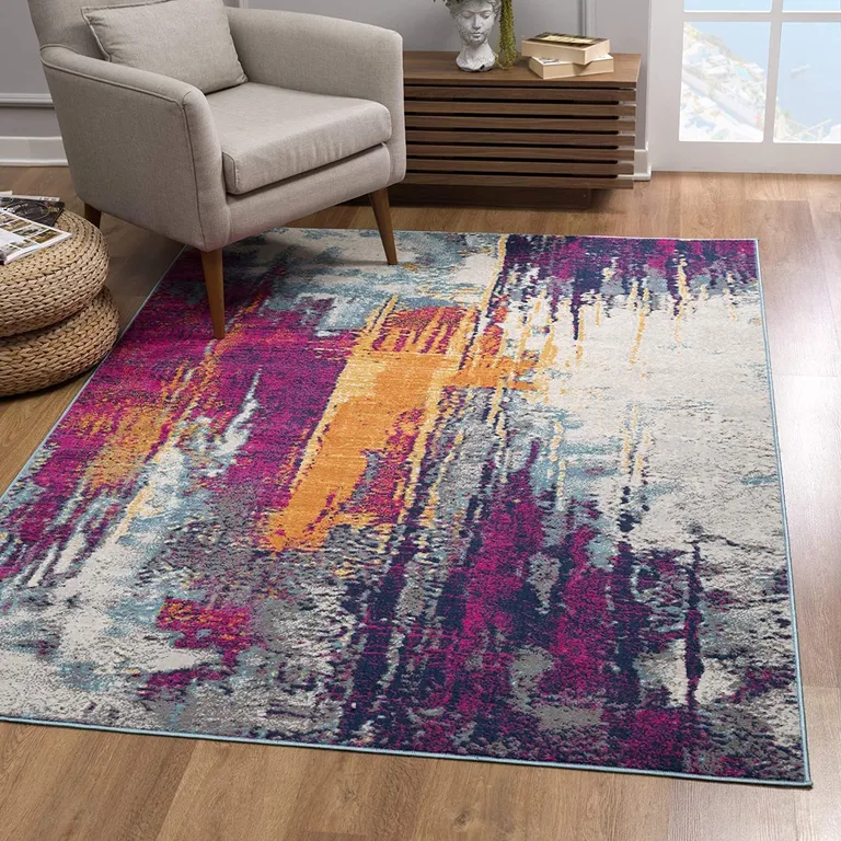 Gray and Magenta Abstract Area Rug Photo 4