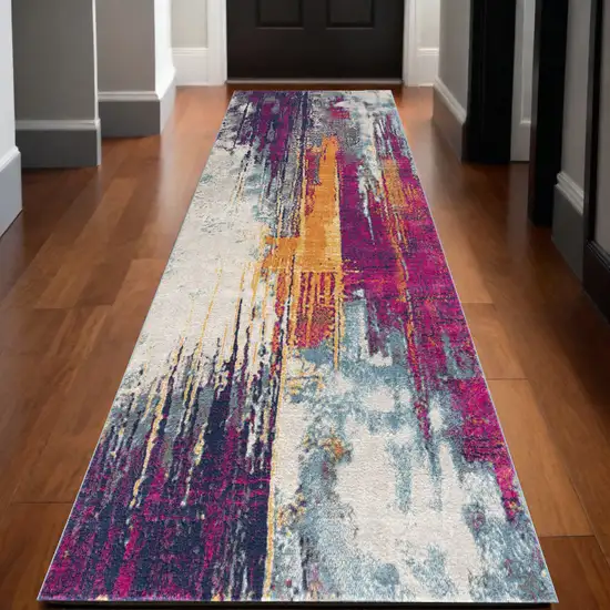 15' Magenta Abstract Dhurrie Runner Rug Photo 1