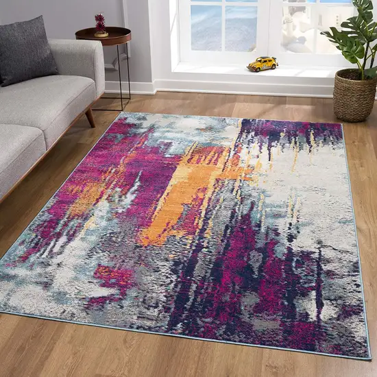 Gray and Magenta Abstract Runner Rug Photo 5