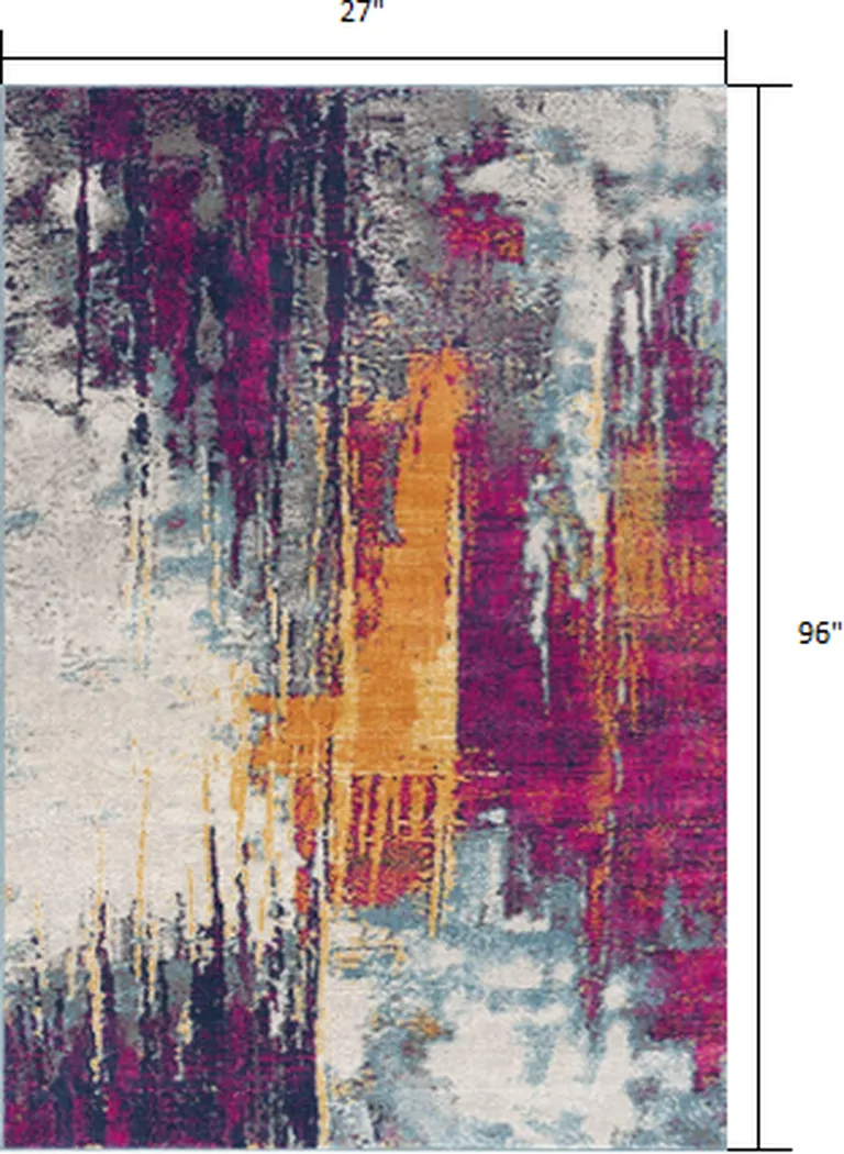 Gray and Magenta Abstract Runner Rug Photo 3